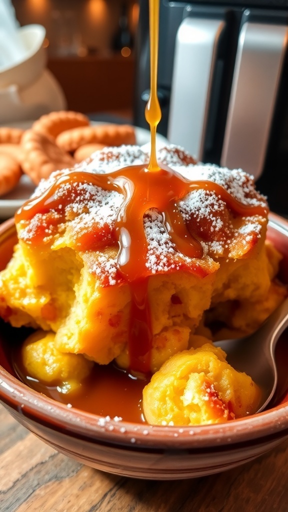 A bowl of golden brown air fryer bread pudding topped with powdered sugar and caramel sauce.